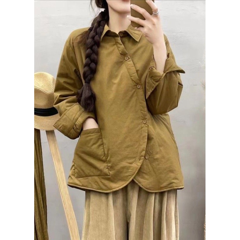 Boho Green Asymmetrical Button Down Fine Cotton Filled Jackets Winter