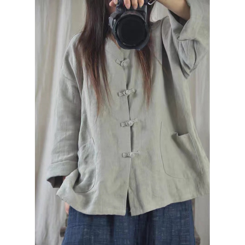 Boho Oversized Chinese Button Pockets Linen Shirt Fall