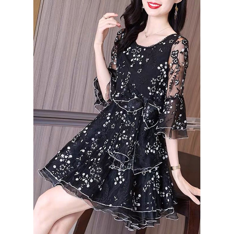 Boutique Black Ruffled Embroideried Patchwork Tulle Dresses Fall