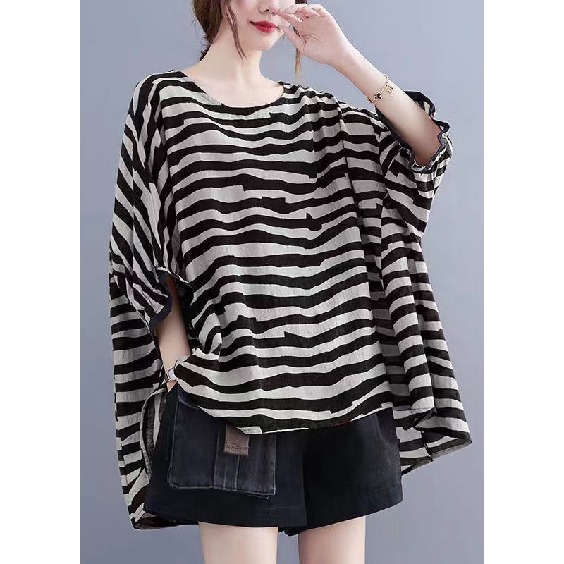 Boutique Black Striped Asymmetrical Patchwork Cotton Top Short Sleeve