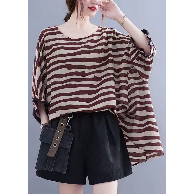 Boutique brown Striped Asymmetrical Patchwork Cotton Top Short Sleeve