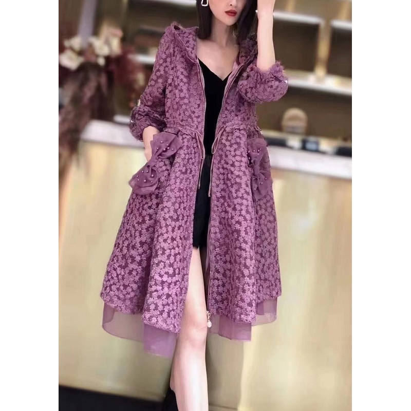 Boutique Purple Hooded Pockets Drawstring Patchwork Lace Trench Fall