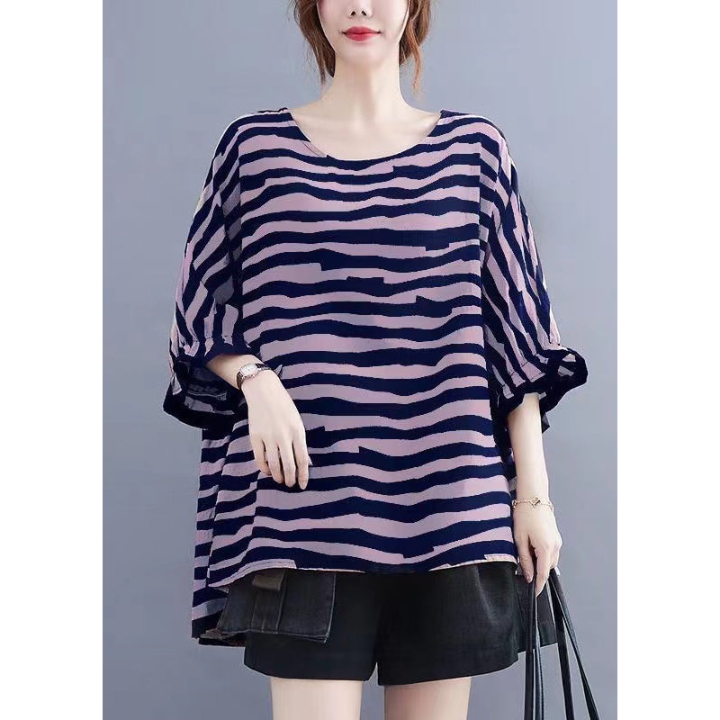 Boutique purple Striped Asymmetrical Patchwork Cotton Top Short Sleeve