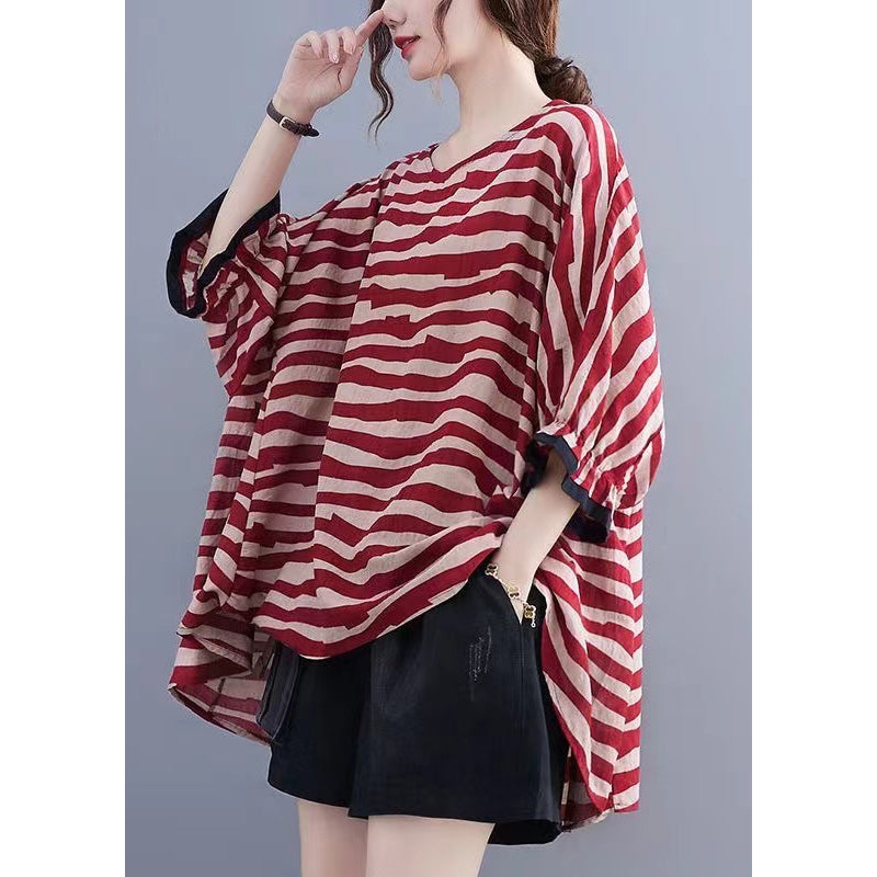 Boutique Red Striped Asymmetrical Patchwork Cotton Top Short Sleeve