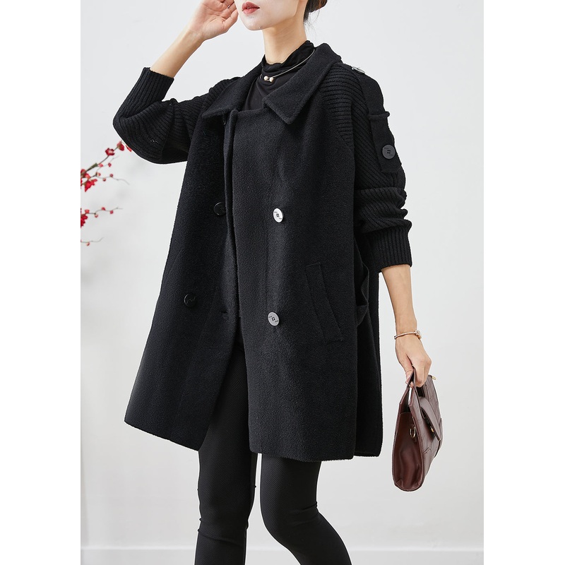 Casual Black Double Breast Patchwork Woolen Trench Coats Fall