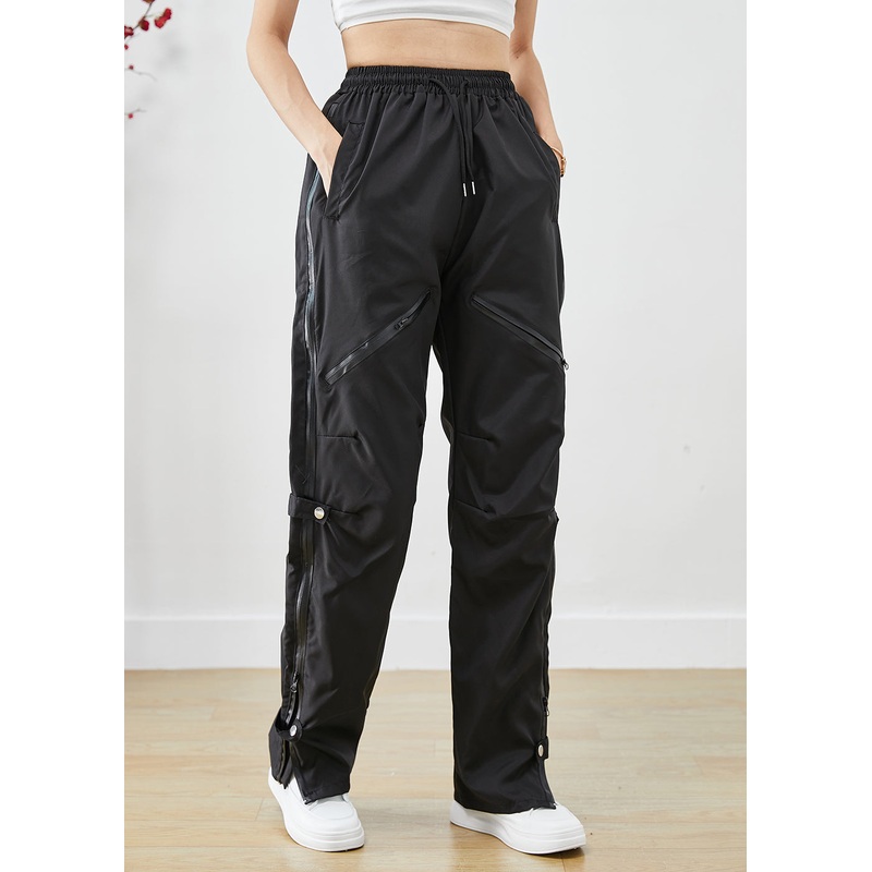 Chic Black Zip Up Patchwork Pockets Spandex Overalls Pants Fall