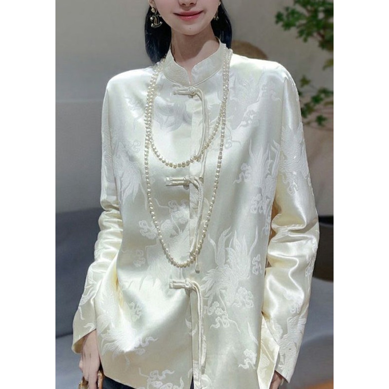 Chinese Style White Jacquard Chinese Button Silk Blouses Fall