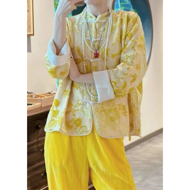 Chinese Style Yellow Jacquard Chinese Button Silk Shirt Top Fall