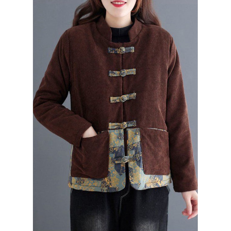 Coffee Warm Corduroy Coat Fleece Wool Lined Chinese Button Winter
