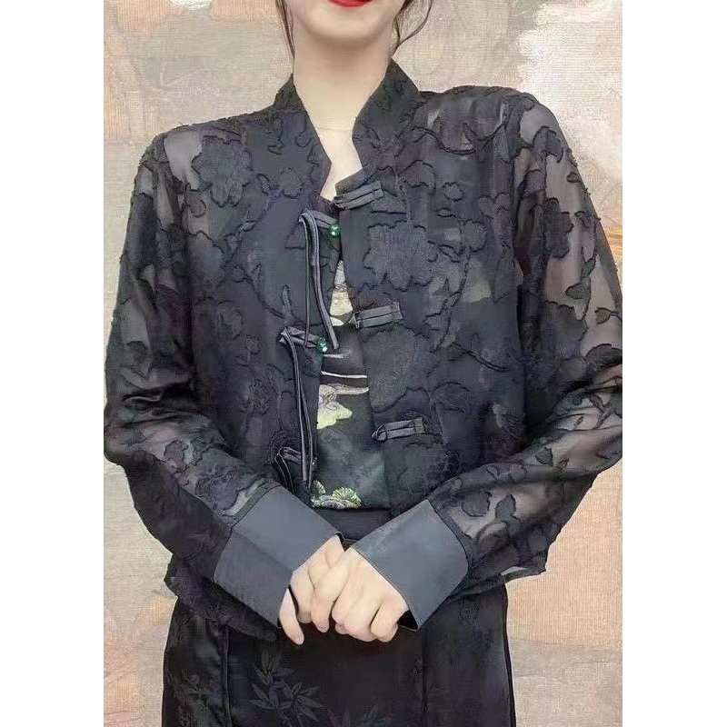 DIY Black Tasseled Chinese Button Tulle UPF 50+ Blouses Fall