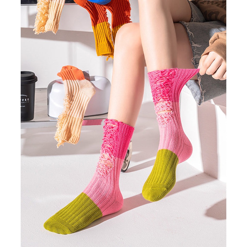 DIY Fashion Pink Ripped Patchwork Cotton Mid Calf Socks