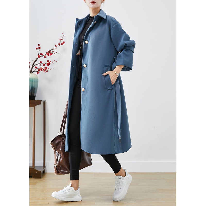 Fashion Blue Grey Peter Pan Collar Tie Waist Woolen Trench Fall