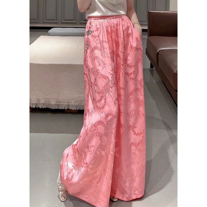 Fashion Pink Pockets Jacquard Silk High Waist Wide Leg Pants Fall