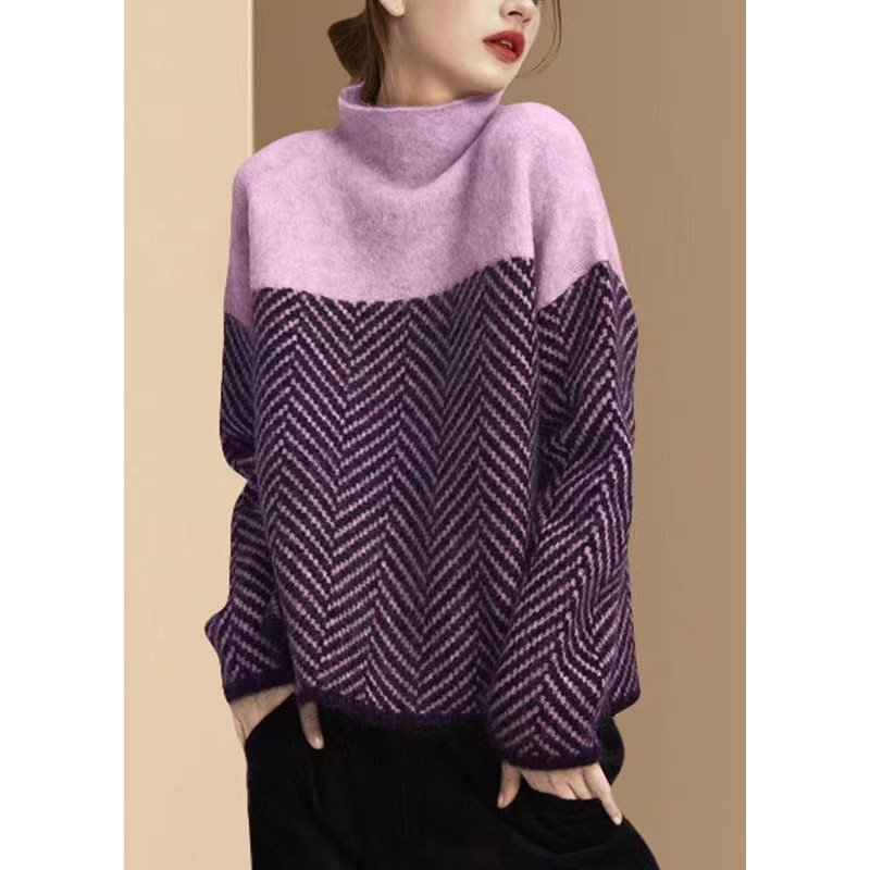 Fashion purple Turtle Neck Patchwork Knit Pullover Winter