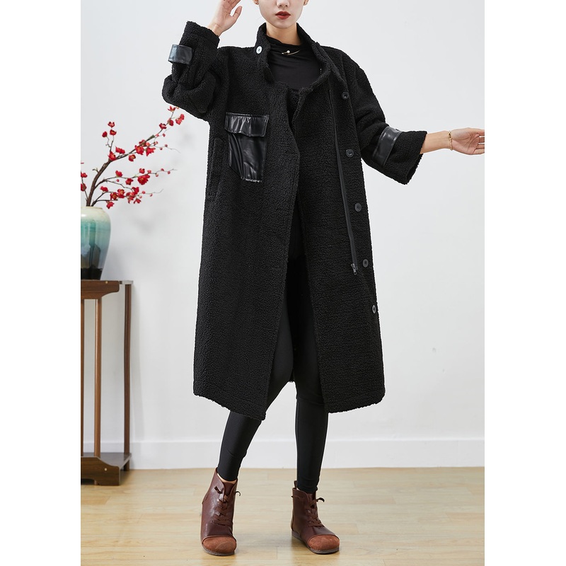 Fitted Black Oversized Patchwork Pockets Cashmere Trench Winter