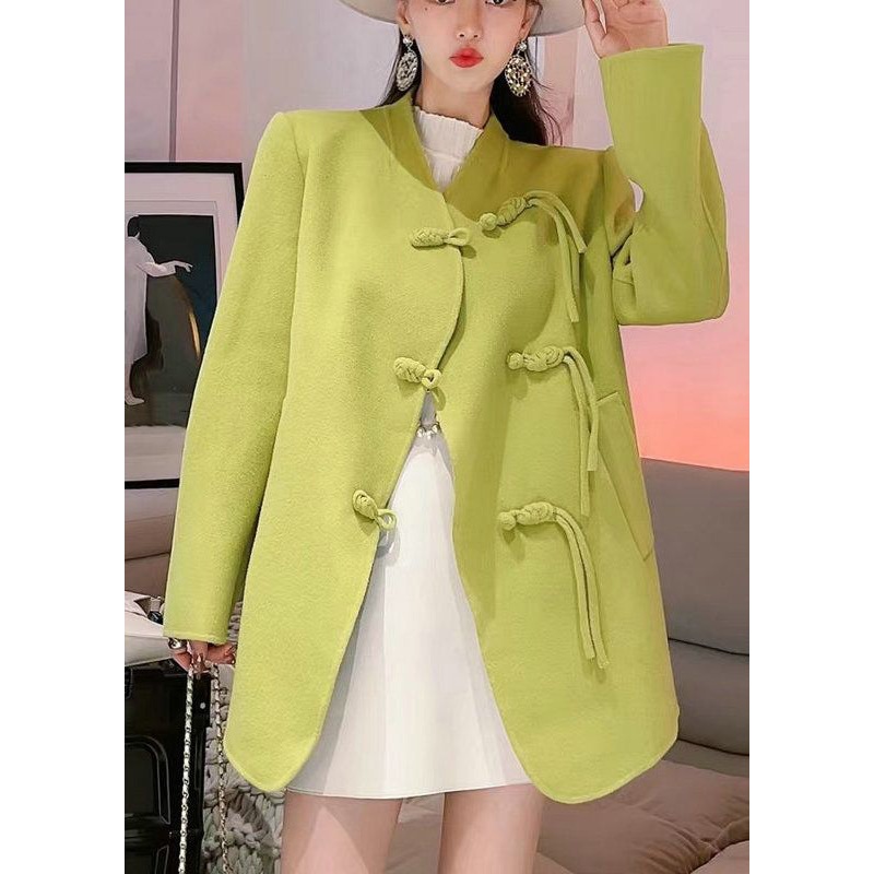 Fluorescent Green Woolen Coats Oversized Chinese Button Fall