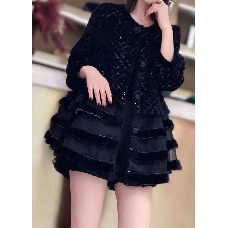 French Black O-Neck Button Patchwork Velour Coats Fall