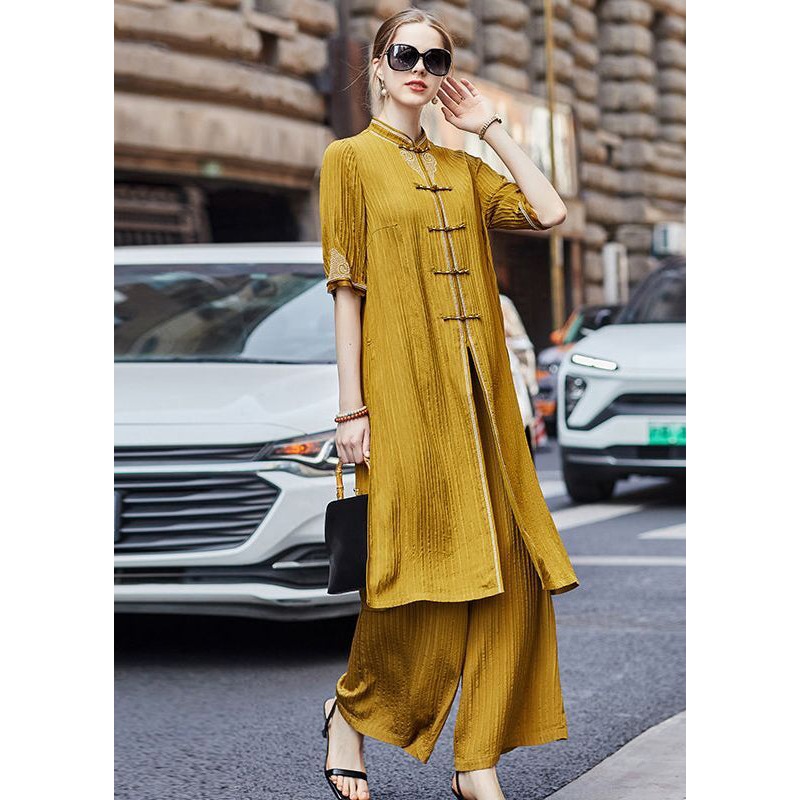 French Yellow Embroideried Chinese Button Silk Two-Piece Set Fall
