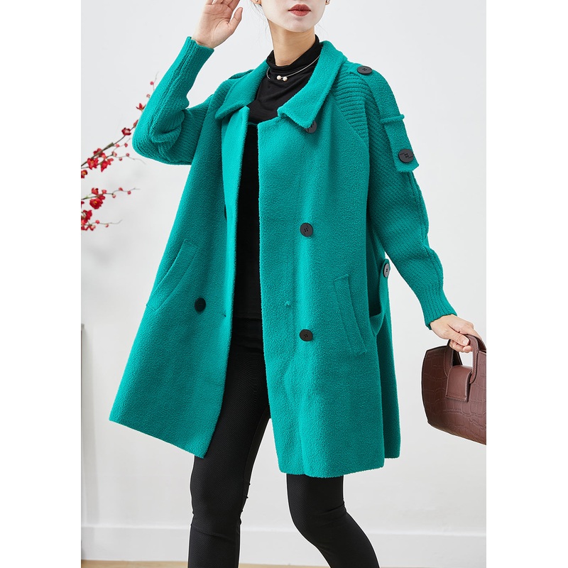 Green Patchwork Woolen Trench Oversized Double Breast Fall