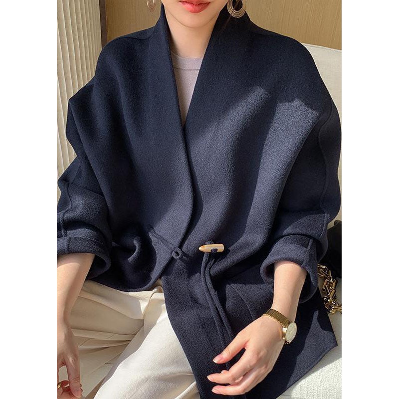 Italian Navy Oversized Pockets Tassel Woolen Coat Winter