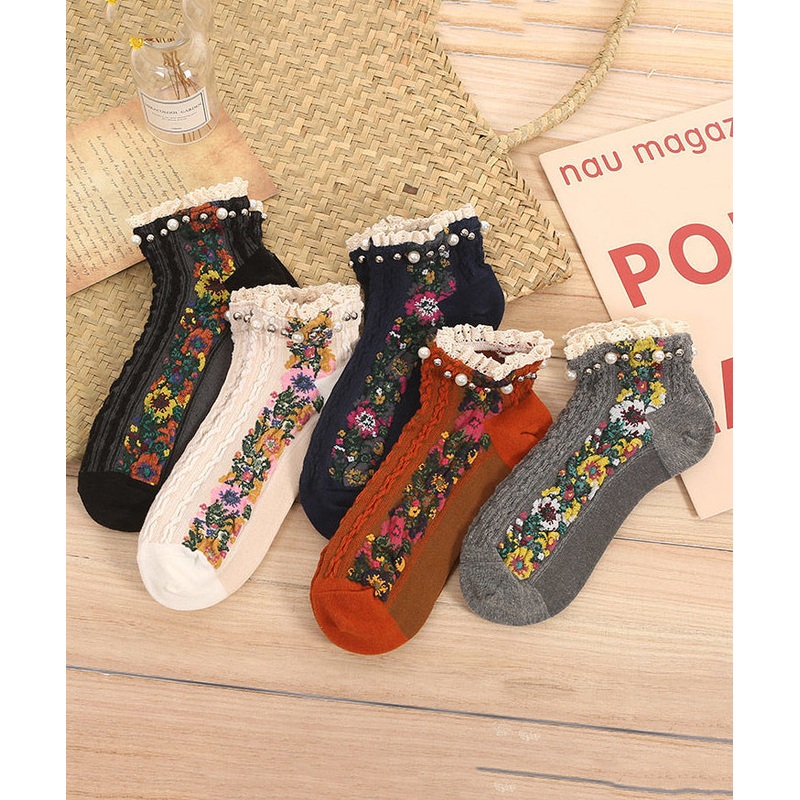 Korean Version Of Medium Tube Trendy Jacquard Small Floral Pearl Socks