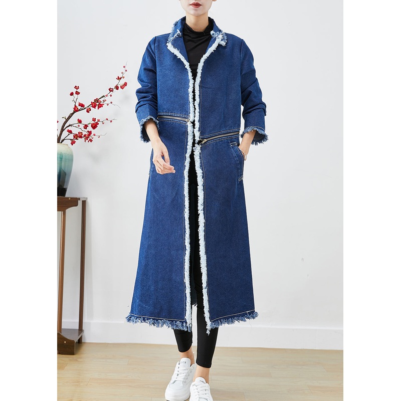 Modern Blue Zip Up Wear On Both Sides Denim Trench Coats Fall