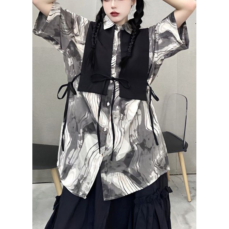 Original Design Oversized Tie Dye Lace Up Cotton Vest And Shirt Two Pieces Set Fall