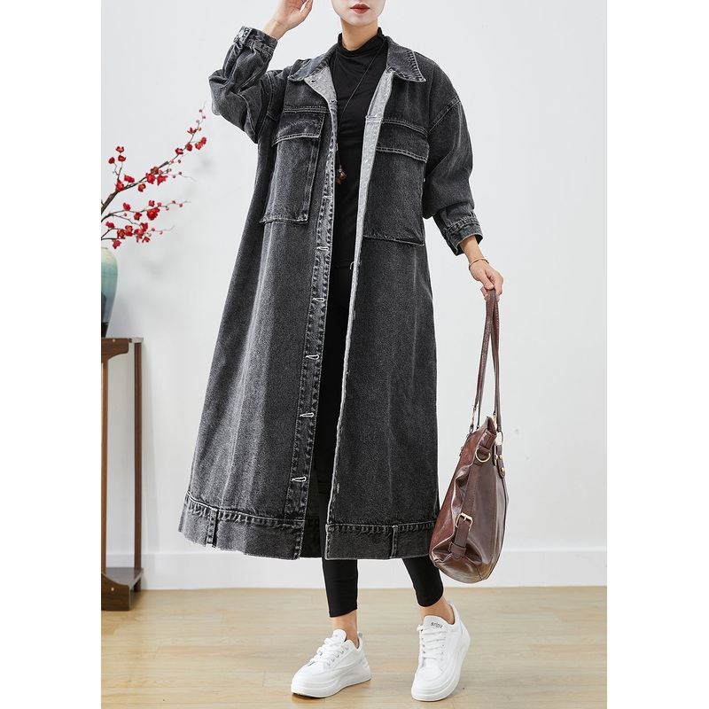 Plus Size Black Oversized Pockets Denim Trench Coats Fall