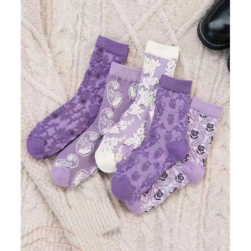 Retro Purple Jacquard Thick Cotton Mid Calf Socks