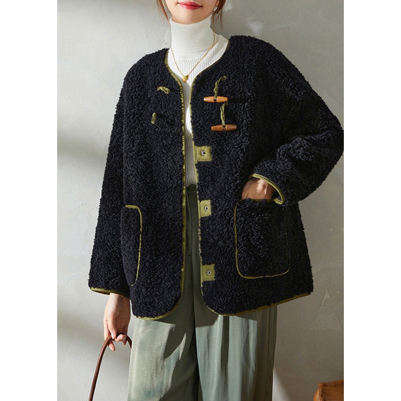 Style Black Horn Button Pockets Fleece Jacket Winter