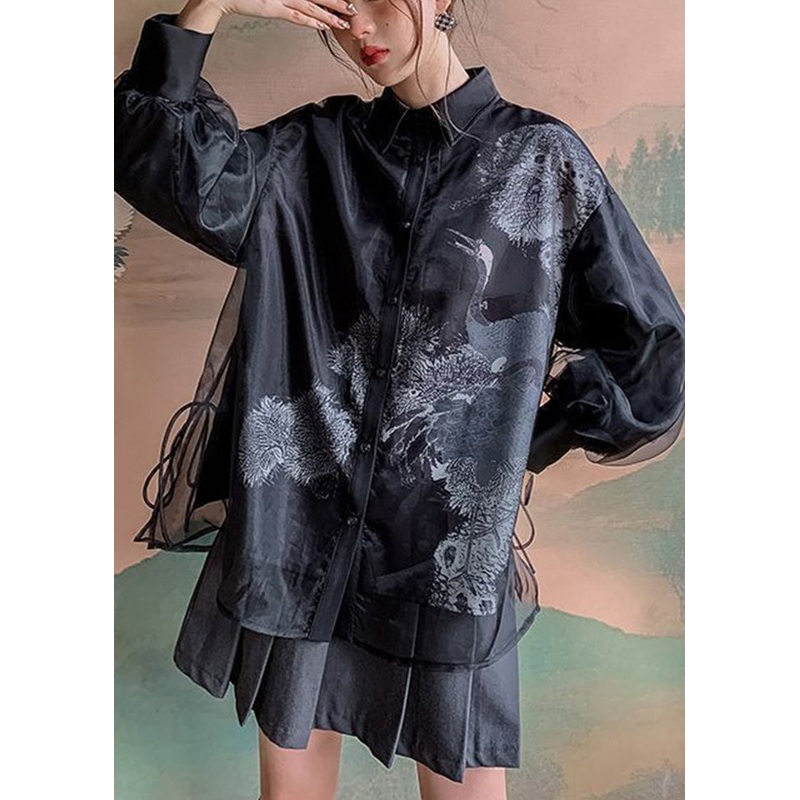 Stylish Black Layered Patchwork Red-Crowned Crane Print Tulle Shirts Fall