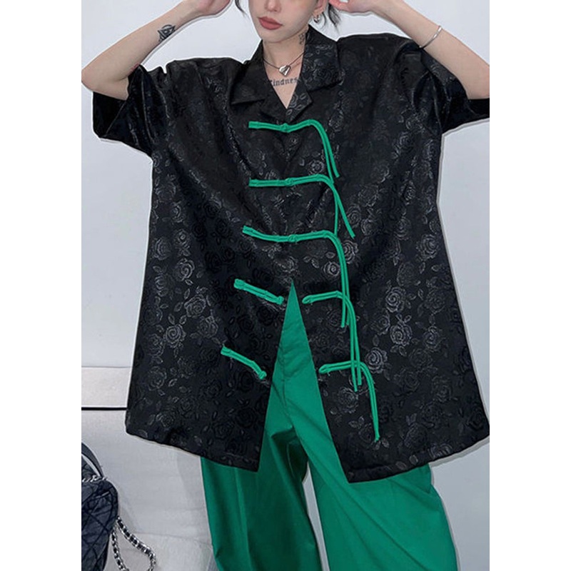 Stylish Black Tasseled Chinese Button Silk Shirt Tops Short Sleeve