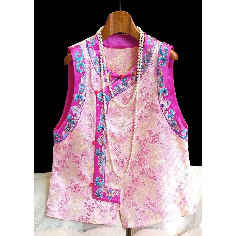 Vintage Pink Embroideried Patchwork Silk Vest Tops Sleeveless
