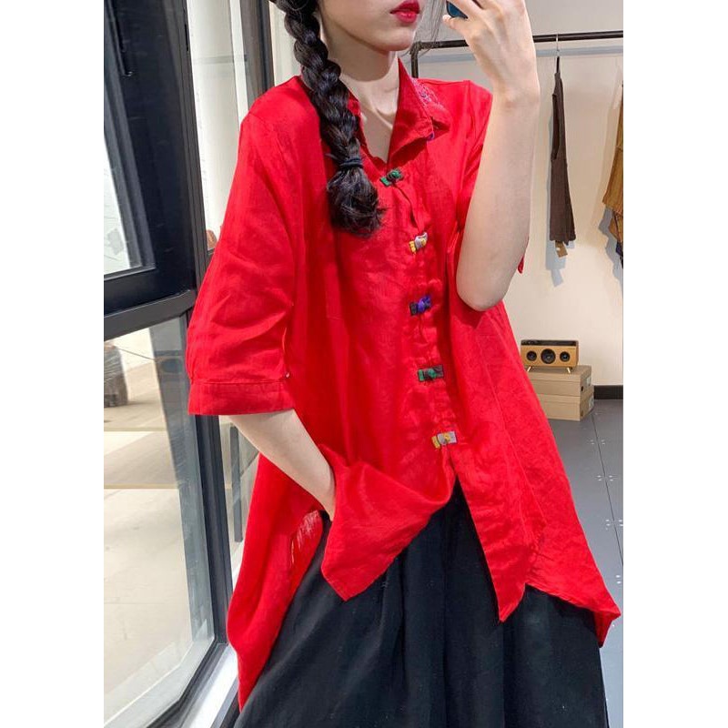 Vintage Red Chinese Button Low High Design Linen Shirt Tops Summer