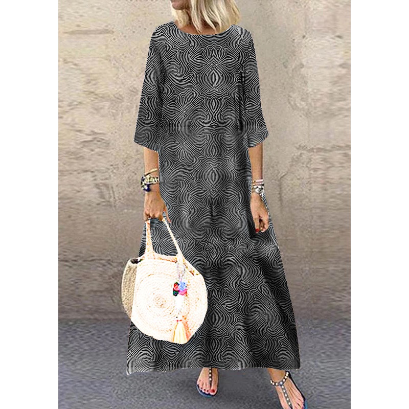 Women Black O-Neck Plaid Maxi Dresses Half Sleeve