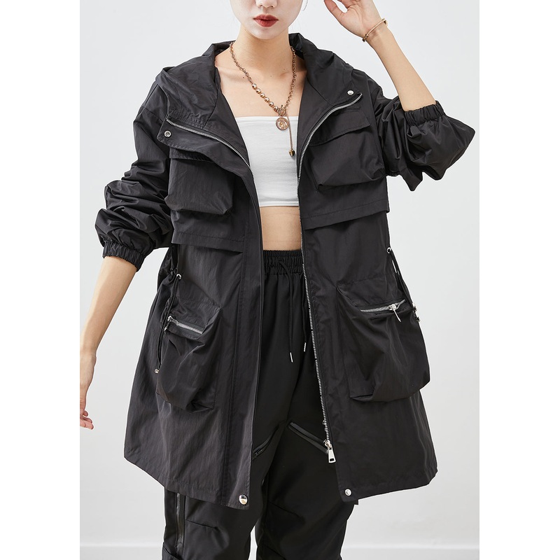 Women Black Oversized Patchwork Pockets Spandex Coat Fall