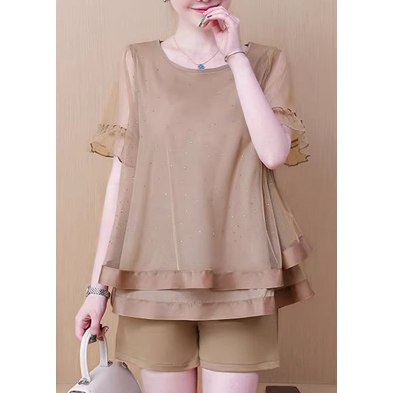 Women Khaki O Neck Ruffled Patchwork Tulle Two Pieces Set Summer