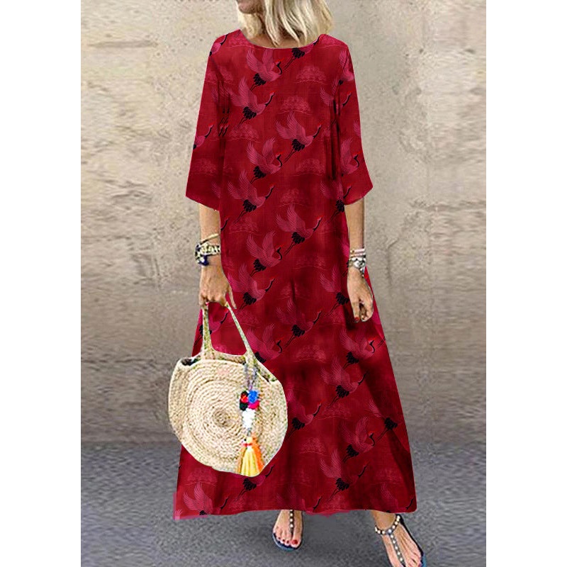 Women Red-crane O-Neck Plaid Maxi Dresses Half Sleeve