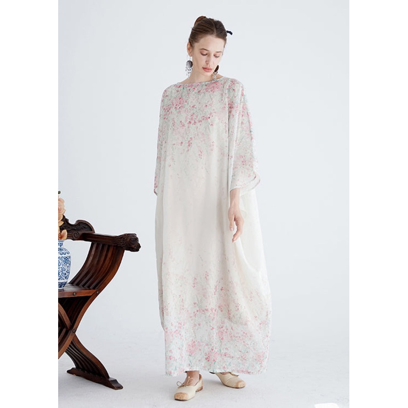 Women White O Neck Print Cotton Robe Dresses Summer