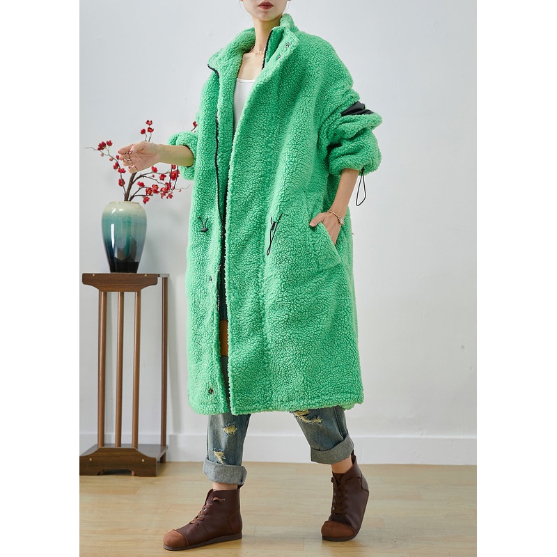 Art Fluorescent Green Oversized Drawstring Fleece Trench Winter
