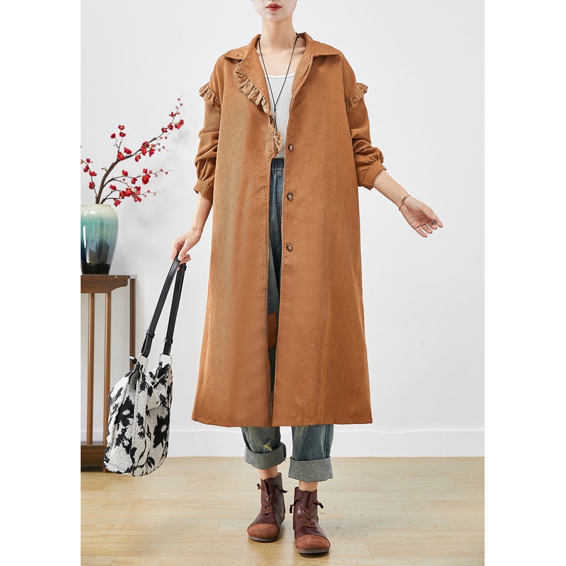 Art Khaki Ruffled Patchwork Asymmetrical Corduroy Trench Coat Fall