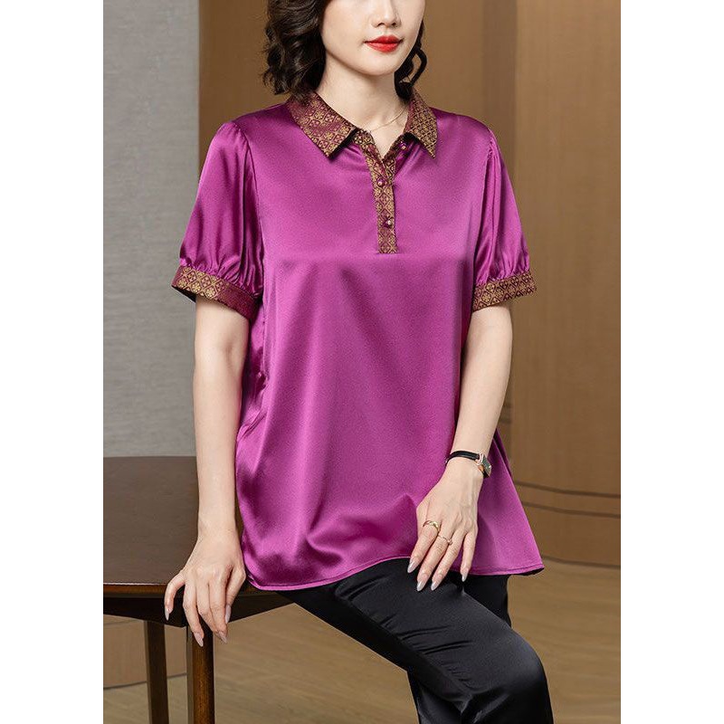 Beautiful Purple Peter Pan Collar Button Patchwork Silk T Shirt Summer
