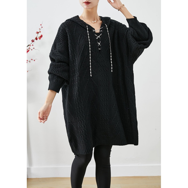 Black Loose Knit Long Sweater Dress Hooded Fall