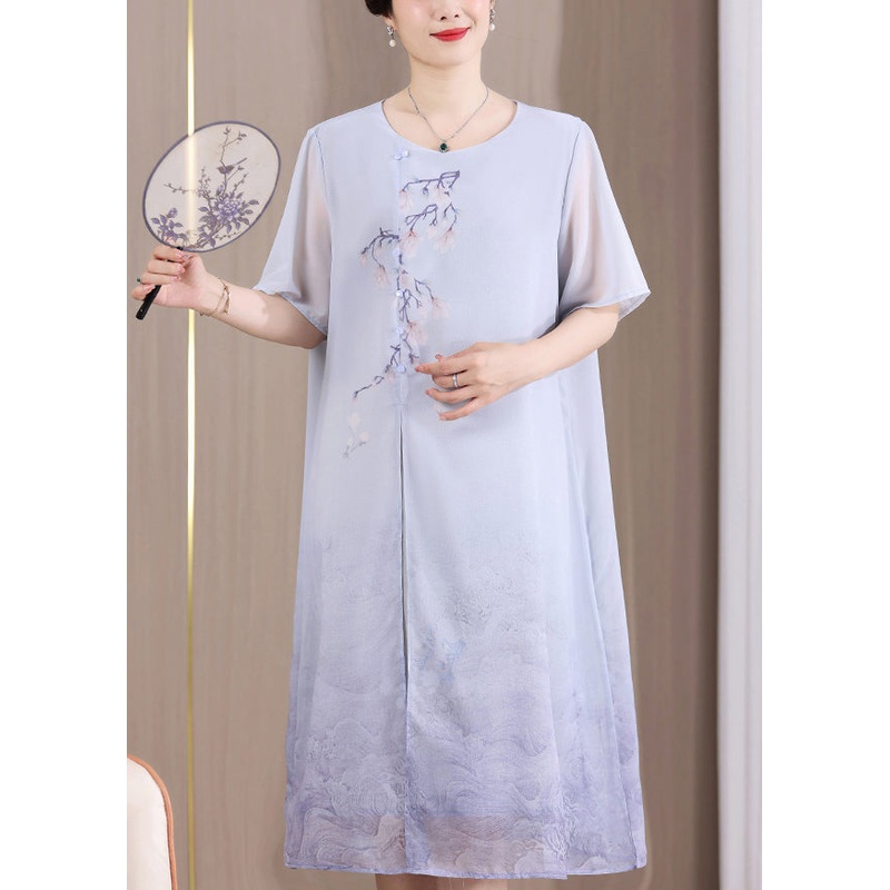 Blue Print Patchwork Dresses Front Open Short Sleeve