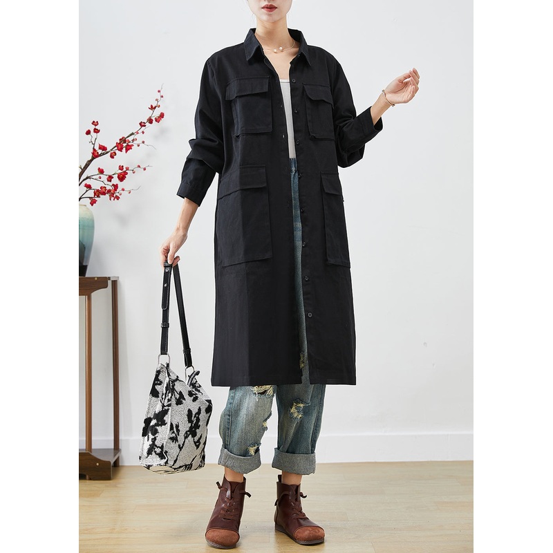 Bohemian Black Oversized Pockets Cotton Trench Fall