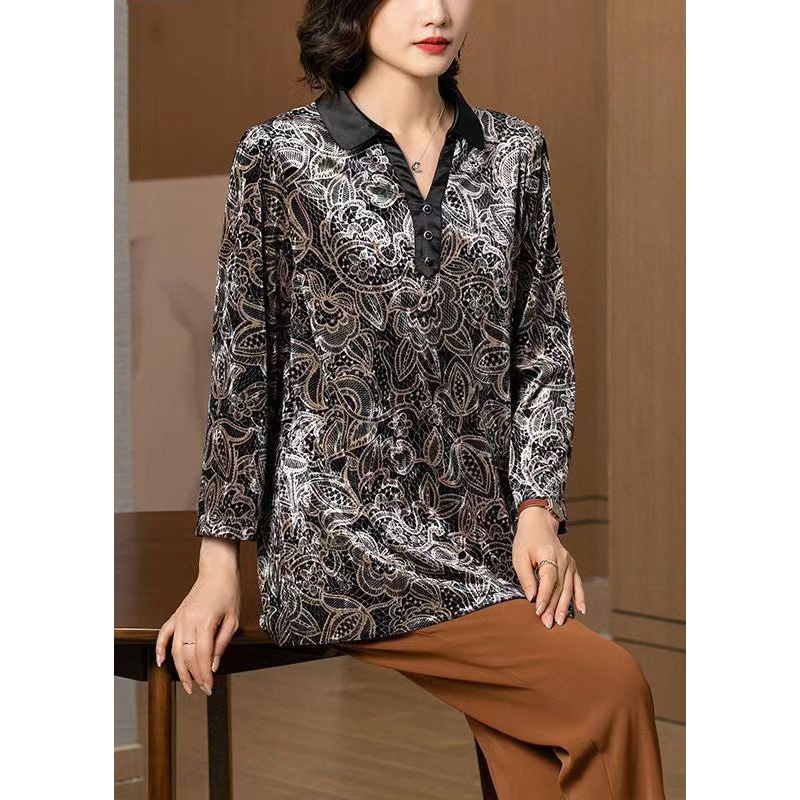 Boutique Black Peter Pan Collar Print Patchwork Silk Velour Shirt Fall