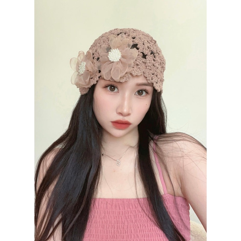 Boutique Handmade Khaki Hollow Out Lace Floral Bonnie Hat