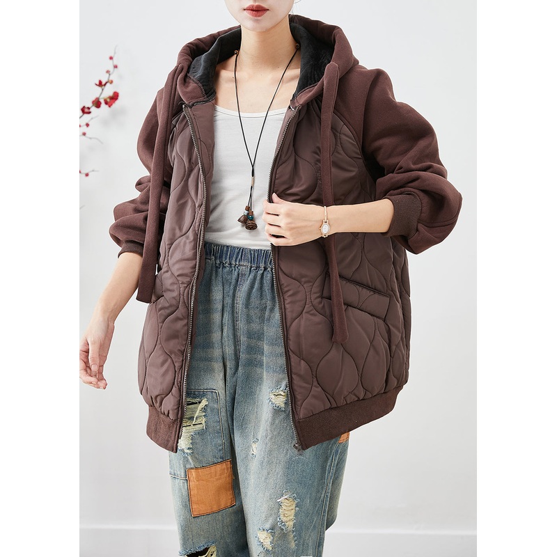 Brown Patchwork Fine Cotton Filled Puffer Jacket Hooded Oversized Winter