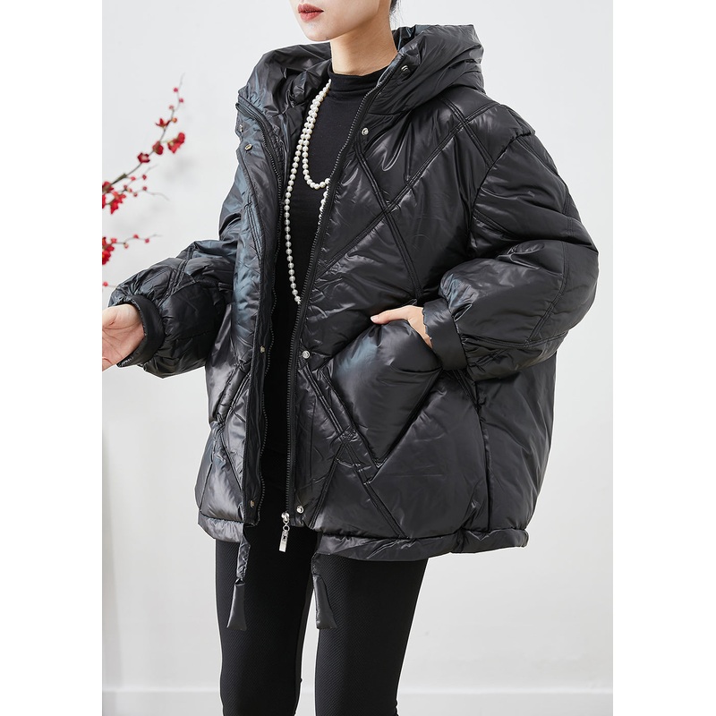 Casual Black Oversized Drawstring Fine Cotton Filled Witner Jacket