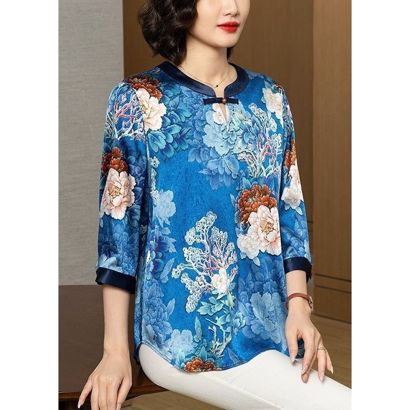 Chic Blue O Neck Print Patchwork Silk Shirt Bracelet Sleeve